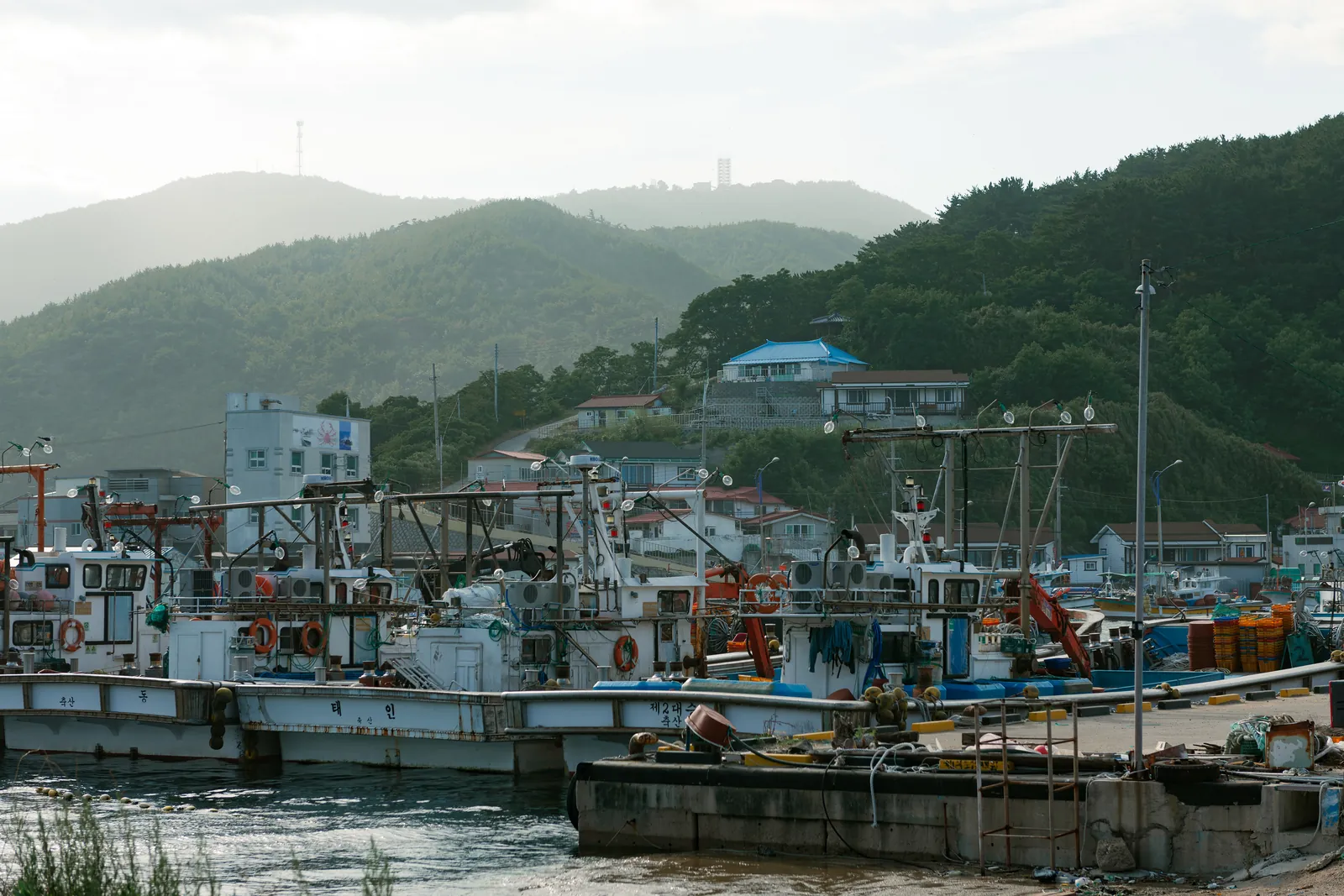 Fishing boats moored in a harbour